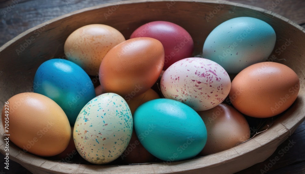 a bowl filled with different colored eggs on top of a wooden table with sprinkles on one of the eggs and the rest of the eggs in the bowl. a bowl filled with different colored eggs on top of a wooden table with sprinkles on one of the eggs and the rest of the eggs in the bowl.