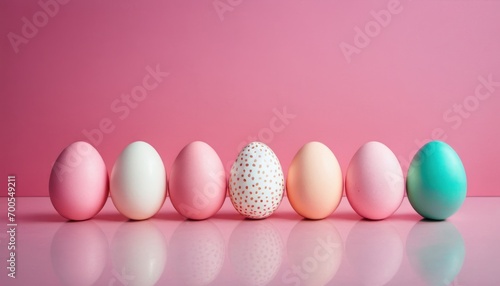  a row of pastel colored eggs on a pink background with a reflection of the eggs in the foreground and the rest of the eggs in the foreground.