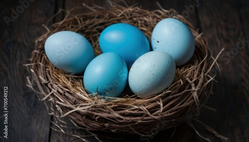 a nest filled with blue eggs sitting on top of a wooden table next to a pile of straw on top of a wooden table next to a wooden table top.