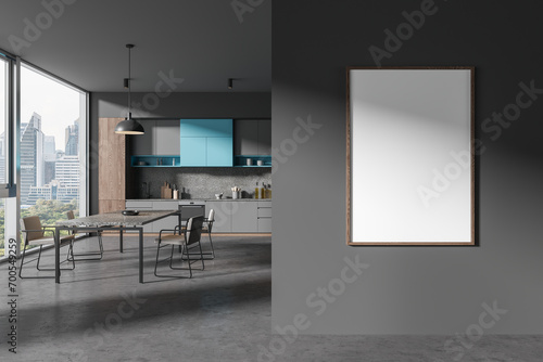 Grey home kitchen interior dining table and cooking zone  window. Mockup frame