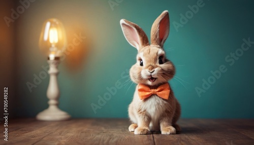  a small rabbit wearing a bow tie sitting on a table next to a light bulb and a small lamp on a wooden table with a blue wall in the background.
