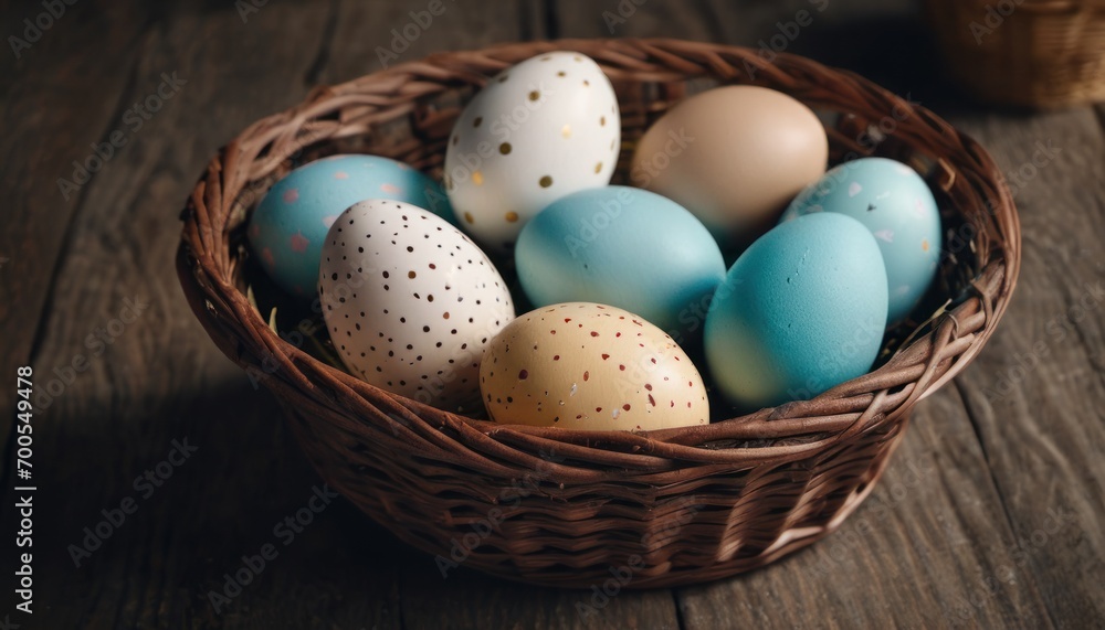 a basket filled with blue and white eggs on top of a wooden table in front of a basket filled with brown and white eggs on top of a wooden table. a basket filled with blue and white eggs on top of a wooden table in front of a basket filled with brown and white eggs on top of a wooden table.