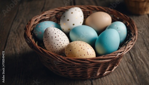  a basket filled with blue and white eggs on top of a wooden table in front of a basket filled with brown and white eggs on top of a wooden table.