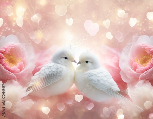 Valentine's day watercolour background with two cute white fluffy birds, pink pastel hearts and peony flowers. 