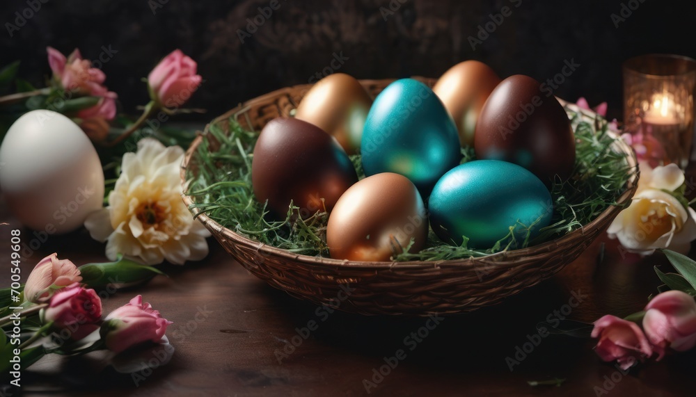  a basket filled with blue and brown eggs sitting on top of a wooden table next to pink and white flowers and a candle on top of a wooden table with pink and white flowers.