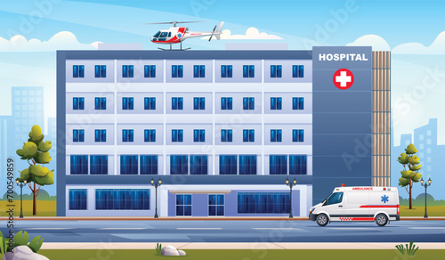 Public hospital building with ambulance emergency car and helicopter. Medical clinic with city background landscape illustration