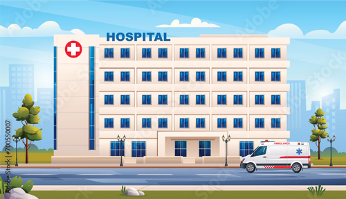 Public hospital building with ambulance emergency car. Medical clinic on cityscape background. Vector cartoon illustration