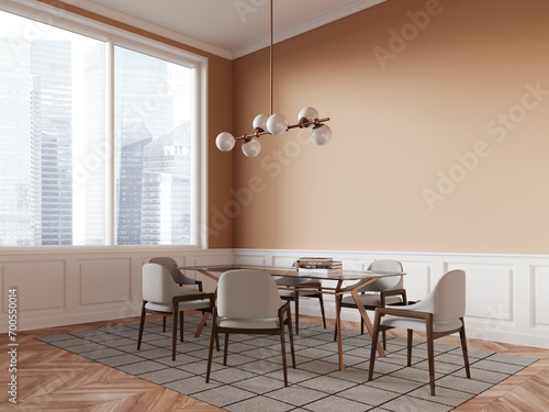 Classical home living room interior with table and chairs  panoramic window