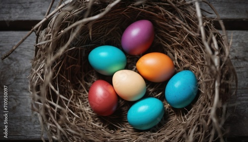  a bird nest filled with colored eggs on top of a wooden table next to a small bird's nest on top of a wooden table with a bird's nest.