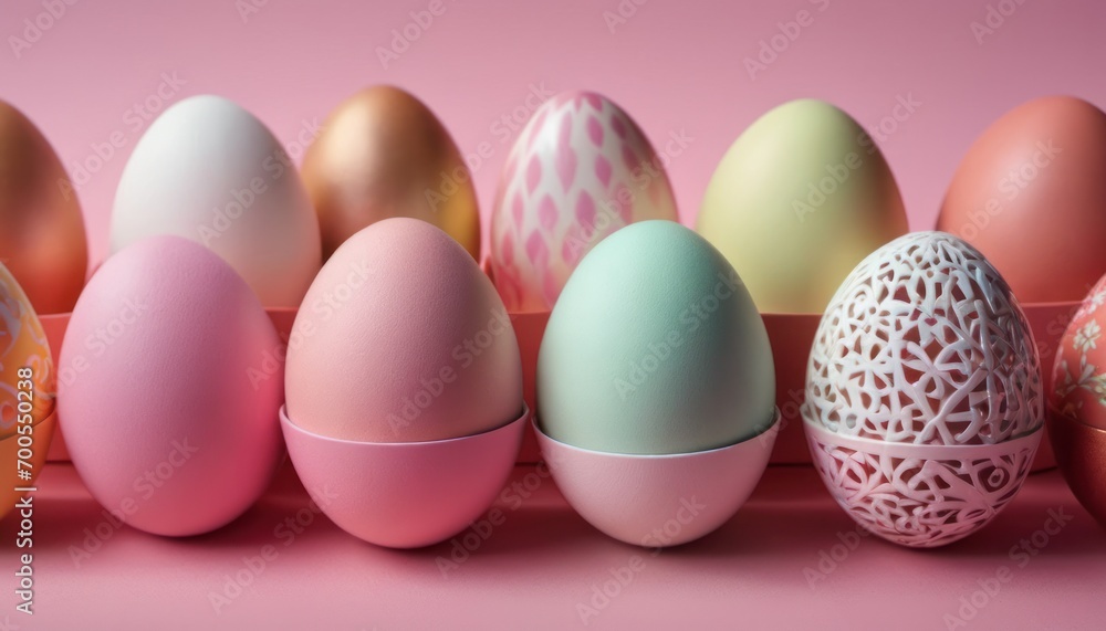 a row of different colored eggs sitting next to each other on a pink surface with a white lace design on the top of the eggs, and a pink background. a row of different colored eggs sitting next to each other on a pink surface with a white lace design on the top of the eggs, and a pink background.