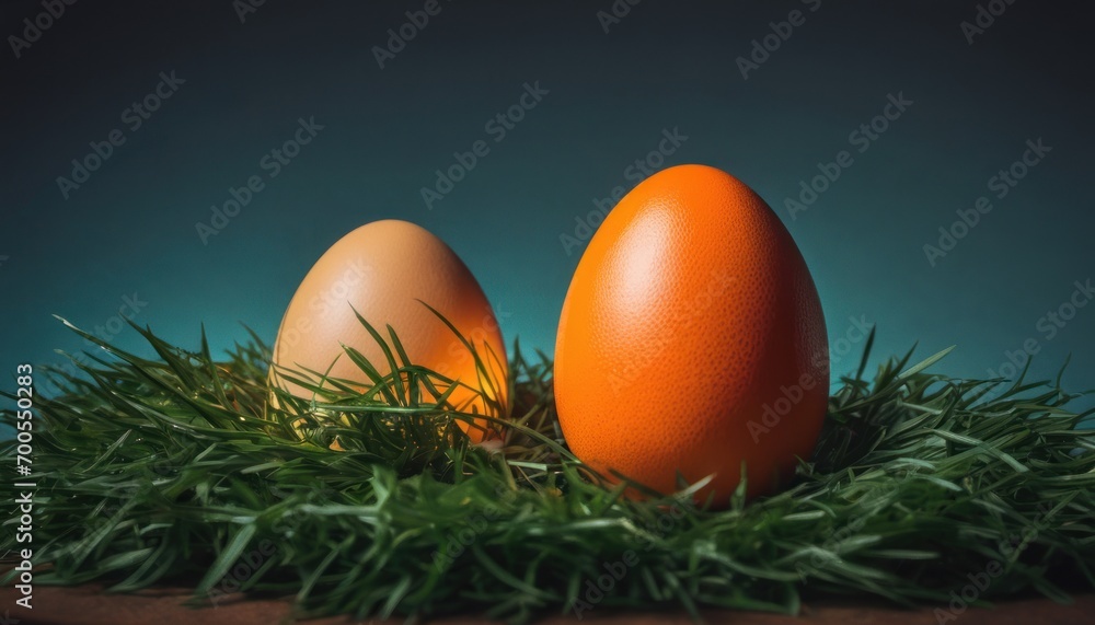 a couple of eggs sitting on top of a green grass covered grass covered ground with a blue back ground behind them and a blue back ground with a blue background. a couple of eggs sitting on top of a green grass covered grass covered ground with a blue back ground behind them and a blue back ground with a blue background.