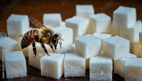  a close up of a bee on a pile of sugar cubes with sugar cubes in the foreground and a bunch of sugar cubes of sugar cubes in the background.