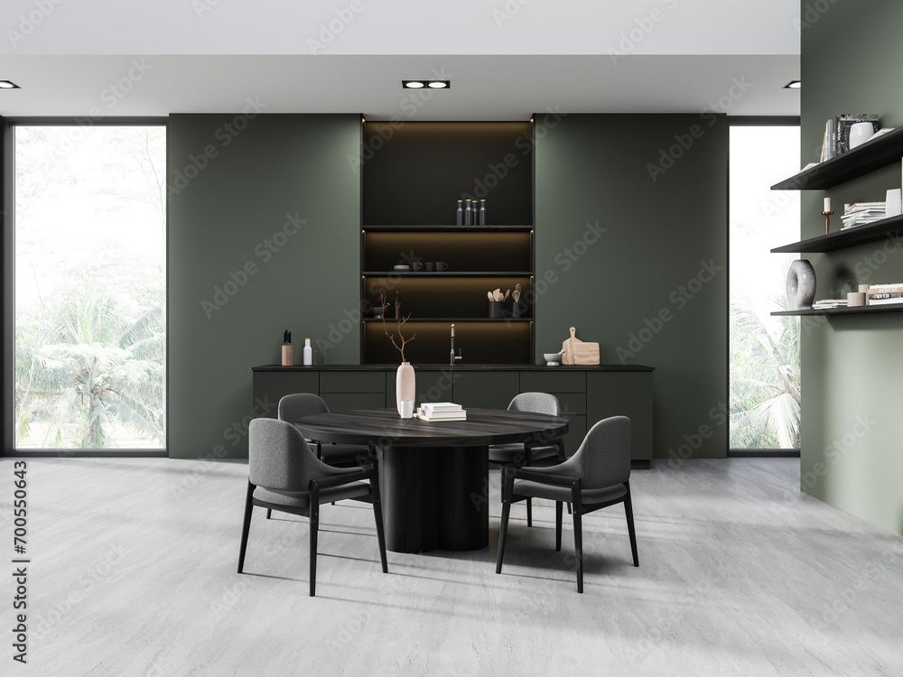 Fototapeta premium Green home kitchen interior with eating table and cooking space, window