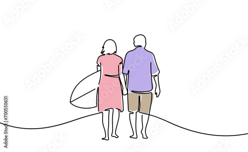 Continuous one line drawing of husband and wife engage in extreme sports after retirement. Single line art illustration on the theme of surfing on a transparent background