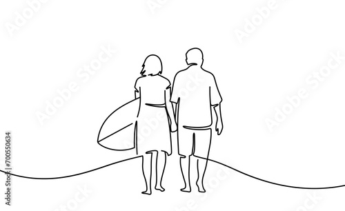 Continuous one line drawing of husband and wife engage in extreme sports after retirement. Single line art illustration on the theme of surfing on a transparent background