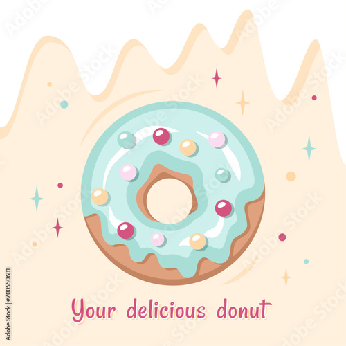 Tasty donut with blue glazed. Sweet dessert closeup. Delicious fried doughnut with vanilla cream, color sprinkling. Vector illustration for banner, card, menu, cafe, bakery, fast food places