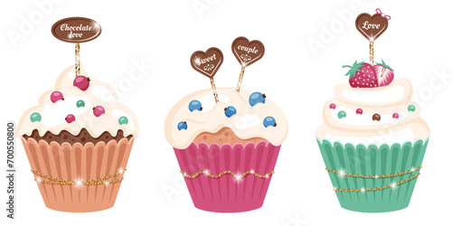 Valentine's day. Set of festive Sweet muffins with various frosting, glitter ribbon. Tasty cupcakes, heart shaped chocolate, strawberry, blueberry, sprinkling. Romantic Concept. Vector illustration
