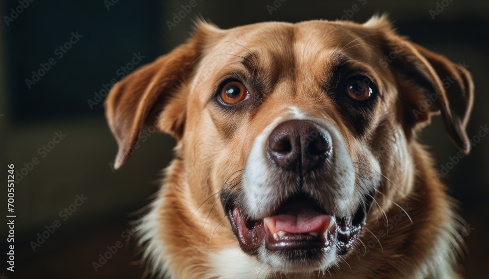  a close up of a dog's face with it's mouth open and it's eyes wide open, with a blurry background of a wall.