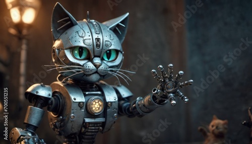  a close up of a robot cat figurine with a cat on it's arm and a cat on the other side of the figurine with green eyes.