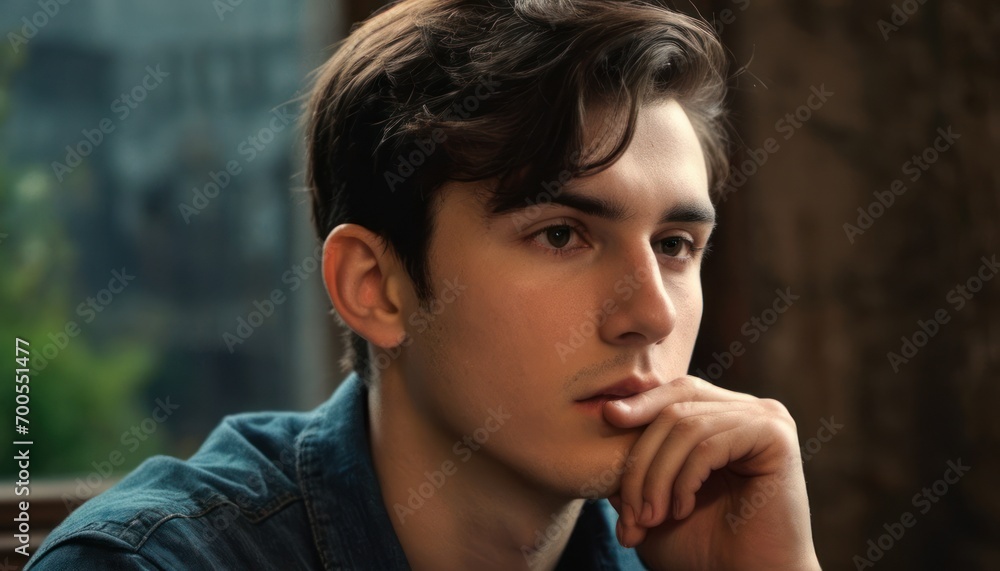 a close up of a person sitting at a table with his hand on his chin and his chin resting on his hand on his chin, with a city in the background. a close up of a person sitting at a table with his hand on his chin and his chin resting on his hand on his chin, with a city in the background.