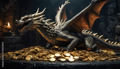  a statue of a dragon sitting on top of a pile of gold coins in front of a fire place with a lit candle in the middle of the room in the background.
