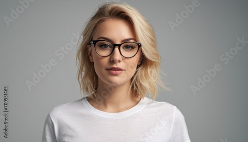  a woman wearing glasses and a white t - shirt is looking at the camera with a serious look on her face as she stands in front of a gray background. photo