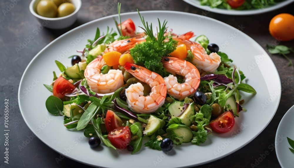 a salad with shrimp, tomatoes, cucumber, olives, lettuce, tomatoes, and olives on a white plate on a wooden table. a salad with shrimp, tomatoes, cucumber, olives, lettuce, tomatoes, and olives on a white plate on a wooden table.