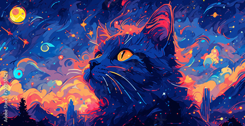 Hand drawn cartoon abstract artistic cat illustration under the starry sky 