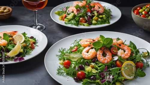  a close up of a plate of food on a table with a glass of wine and another plate of food on a table with a salad and a glass of wine.