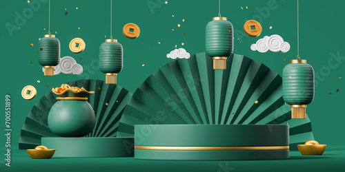 Chinese product presentation template round podium scene surrounded by Chinese New Year symbols of celebration, green and gold elements such as fan, lantern, qians. 3d render, illustration photo