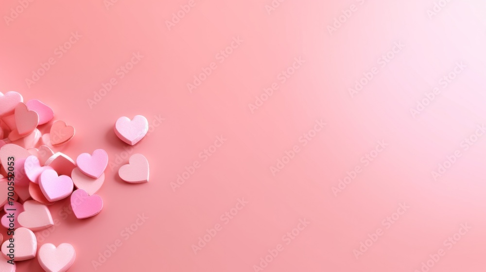 Valentines Day red and pink hearts on pink background. Love concept. Greeting card with copy space.