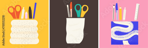 hand-drawn illustration of a set of vector graphic art pencil pens stationery scissors pot 