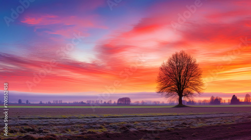 Spring dawn over the field with bright shades of pink and orange