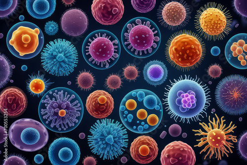 Abstract microbiological colorful cell microbe, virus, bacteria molecules. Human health science concept. Generative AI