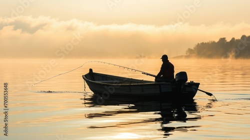 Silhouette of Man fishing in boat, natural scene