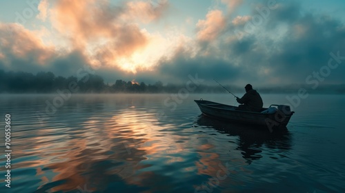 Silhouette of Man fishing in boat, natural scene