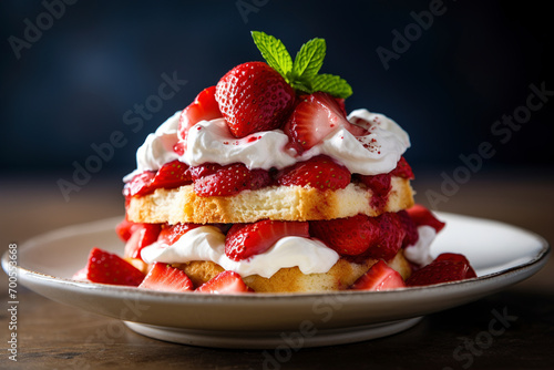 A delicious strawberry shortcake with whipped cream. (Generative AI)