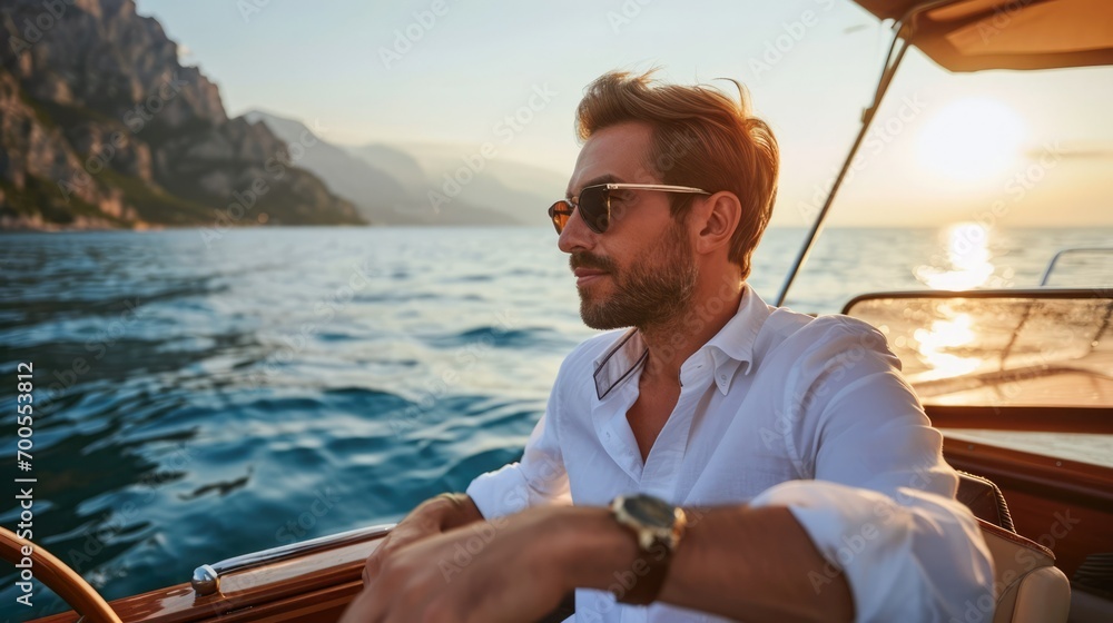 Man in luxury boat, businessman boat trip in sea