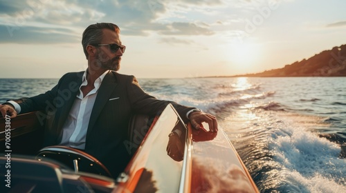 Man in luxury boat, businessman boat trip in sea photo