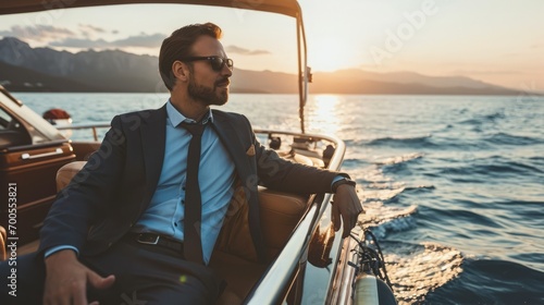 Man in luxury boat, businessman boat trip in sea