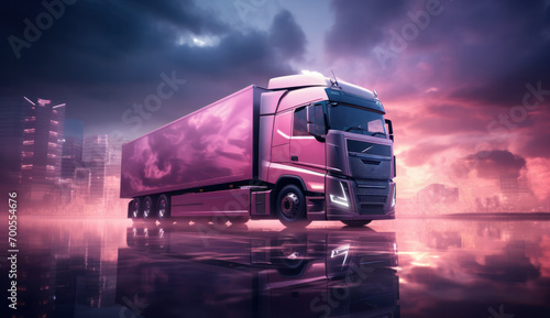 A futuristic truck against a bright sunset sky  the future of freight transportation  generative AI