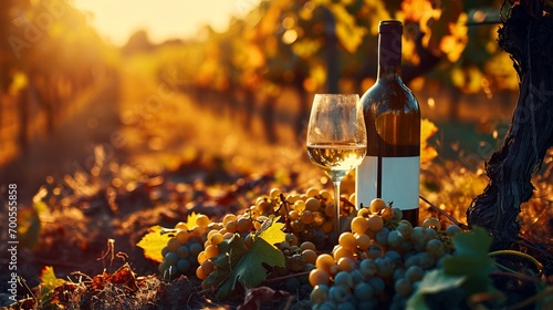 Wine glasses, wine bottles, vineyard landscape and grapes in nature