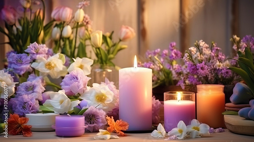 Easter atmosphere with flowers, candles and Easter utensils
