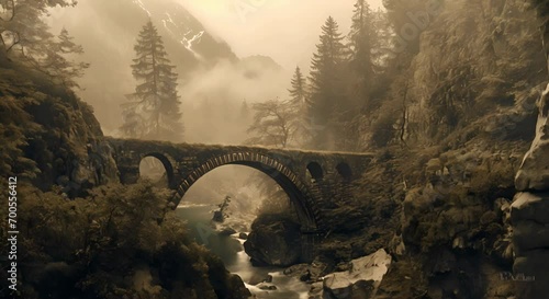 An ancient stone bridge over a mountain stream in a foggy forest. The concept of mystery and history. photo