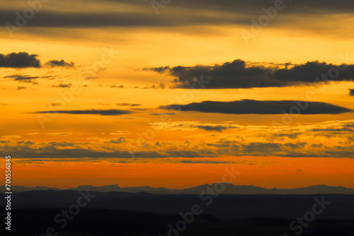 Alps seen from Brno, Czech Republic. Mountains far away during sunset.