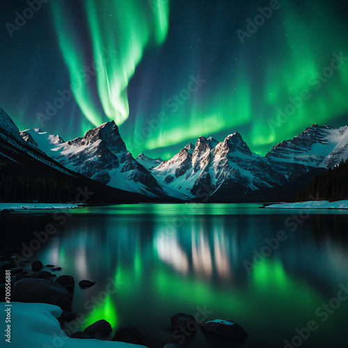 Showcase the Northern Lights casting their ethereal glow over majestic snow-capped mountains.