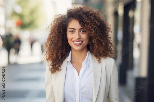 Confidence businesswoman voluminous curly hair wearing in white suit on city street background