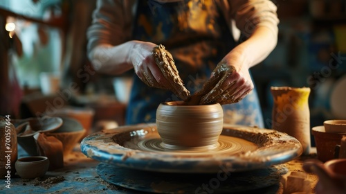 Pottery at Home: Someone shaping clay on a small pottery wheel in a home setting, creating pots, vases, or other ceramic items.