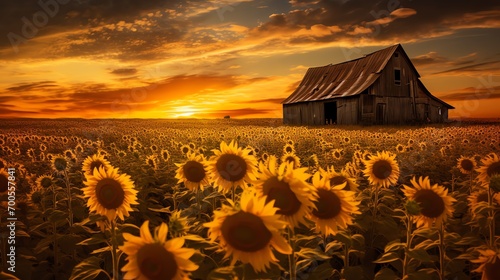 a field of sunflowers with a barn in the background