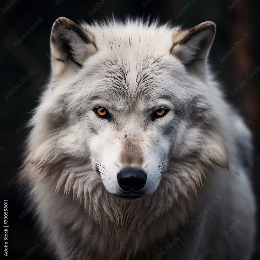 portrait of a white wolf with dark eyes one black ear and gentle